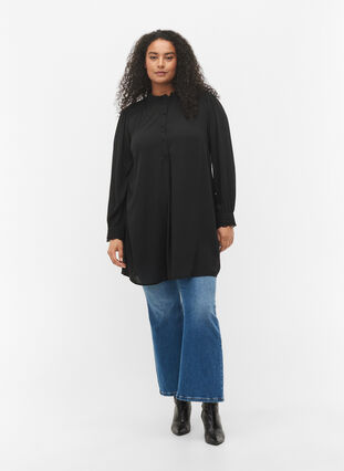 Tunika med volangkrage och långa ärmar, Black, Model image number 2