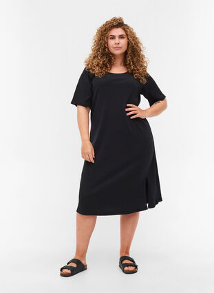 Ribbad klänning med korta ärmar, Black, Model image number 2