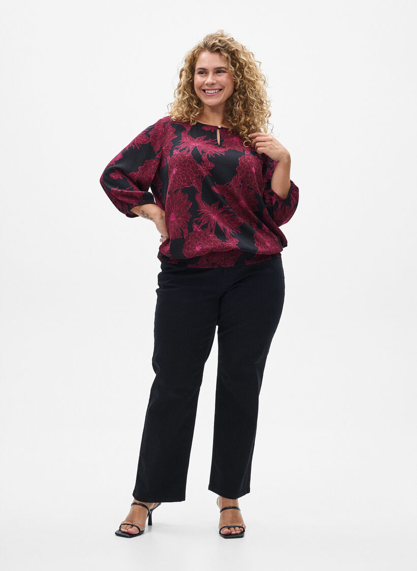 Blus i viskos med blomm&ouml;nster och smock, M&ouml;rk Bordeaux, Model image number 1
