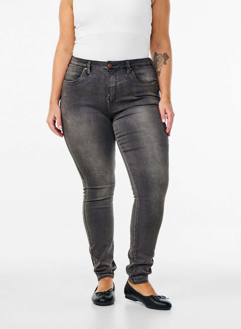 Super slim Amy jeans med h&ouml;g midja, Dark Grey Denim, Model image number 2