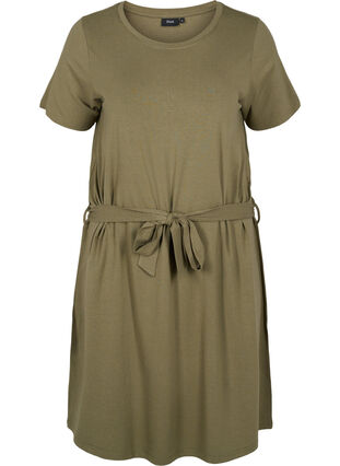 Kortärmad klänning med midjeband, Dusty Olive, Packshot image number 0