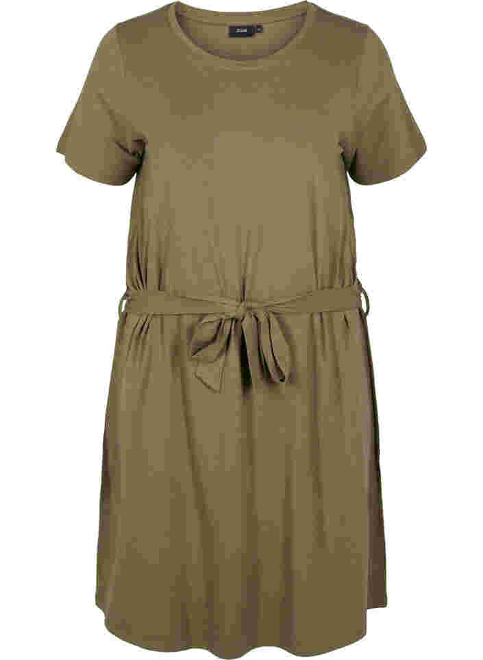 Kortärmad klänning med midjeband, Dusty Olive