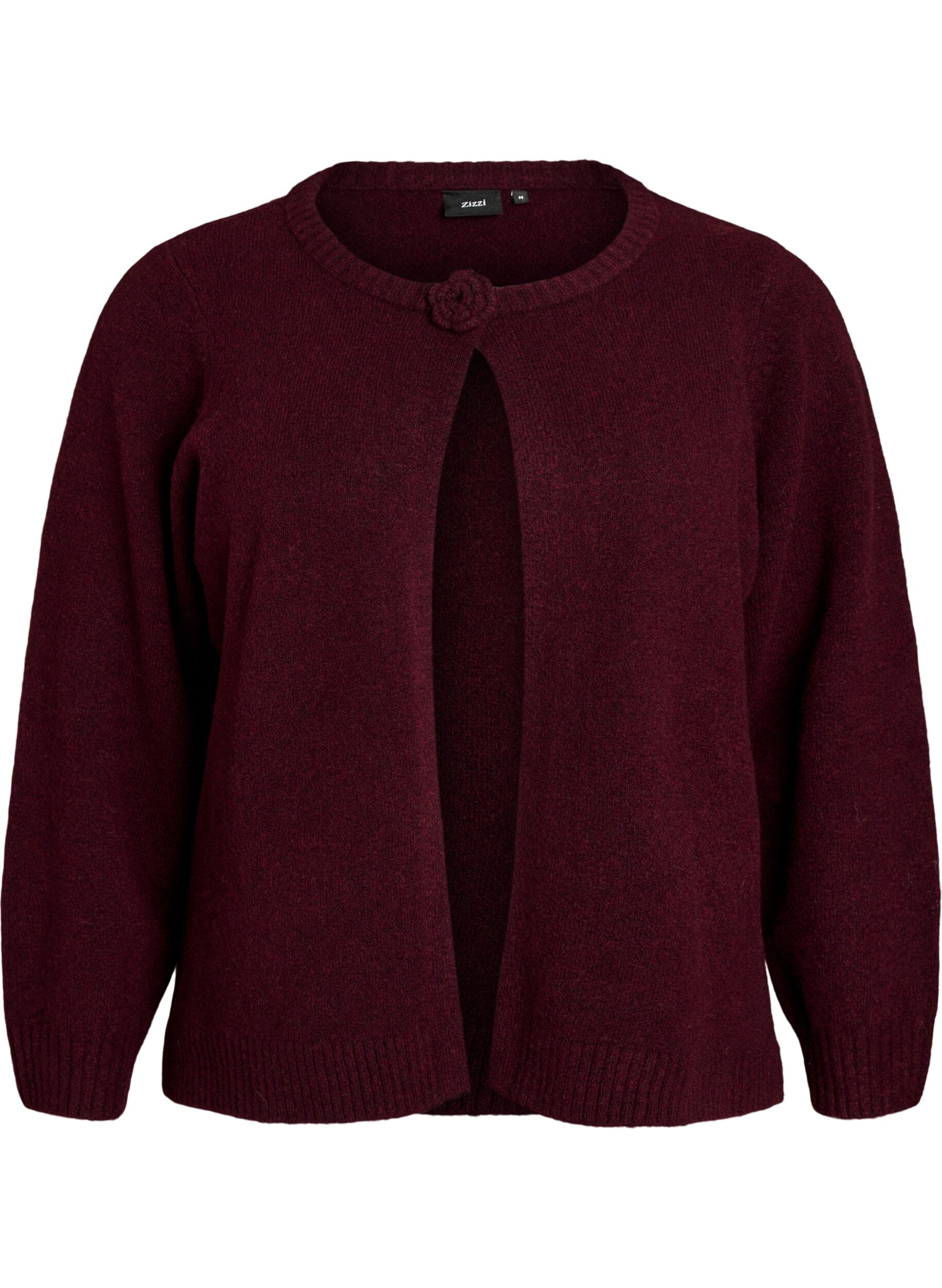 ZizziStickad kofta med blomdetalj, M&ouml;rk Bordeaux, Packshot image number 0