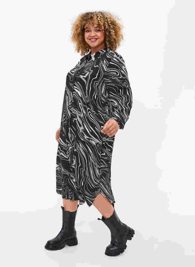 Skjortklänning i viskos med tryck, Black Swirl AOP, Model image number 0