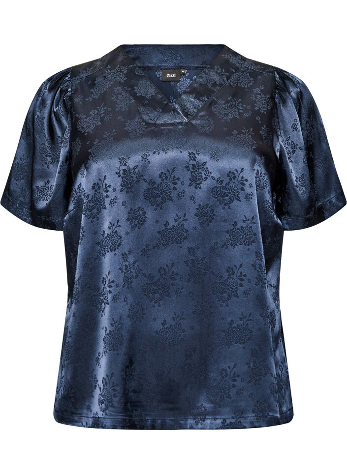 Blus i satin med blommigt m&ouml;nster och v-ringning, Bl&aring;, Packshot image number 0
