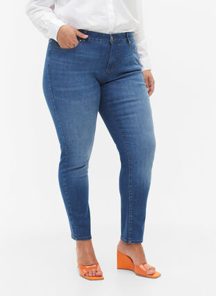 Emily jeans med normal midja och smal passform, Blue denim, Model image number 2