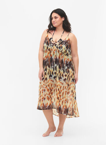 Blommig strandklänning med axelband, Abstract Leopard, Model image number 0