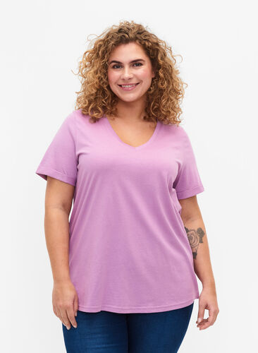 V-ringad t-shirt i bomull, Lavender Herb, Model image number 0