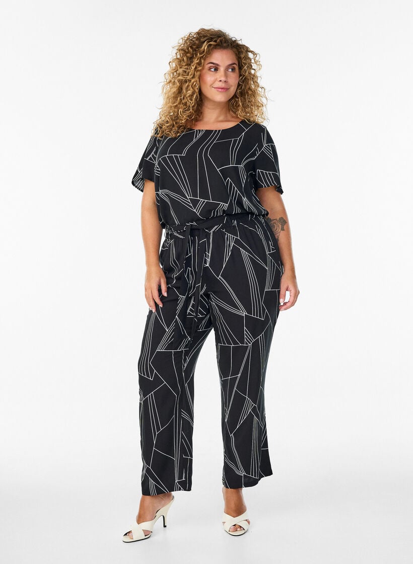 Kort&auml;rmad viskosblus med tryck, Svart, Model image number 1