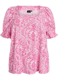 Blus i viskos med paisleym&ouml;nster och fyrkantig halsringning, Rosa