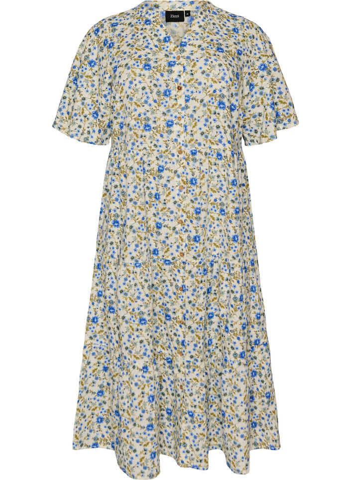 Midikl&auml;nning i bomull med blommigt m&ouml;nster, Bl&aring;, Packshot image number 0