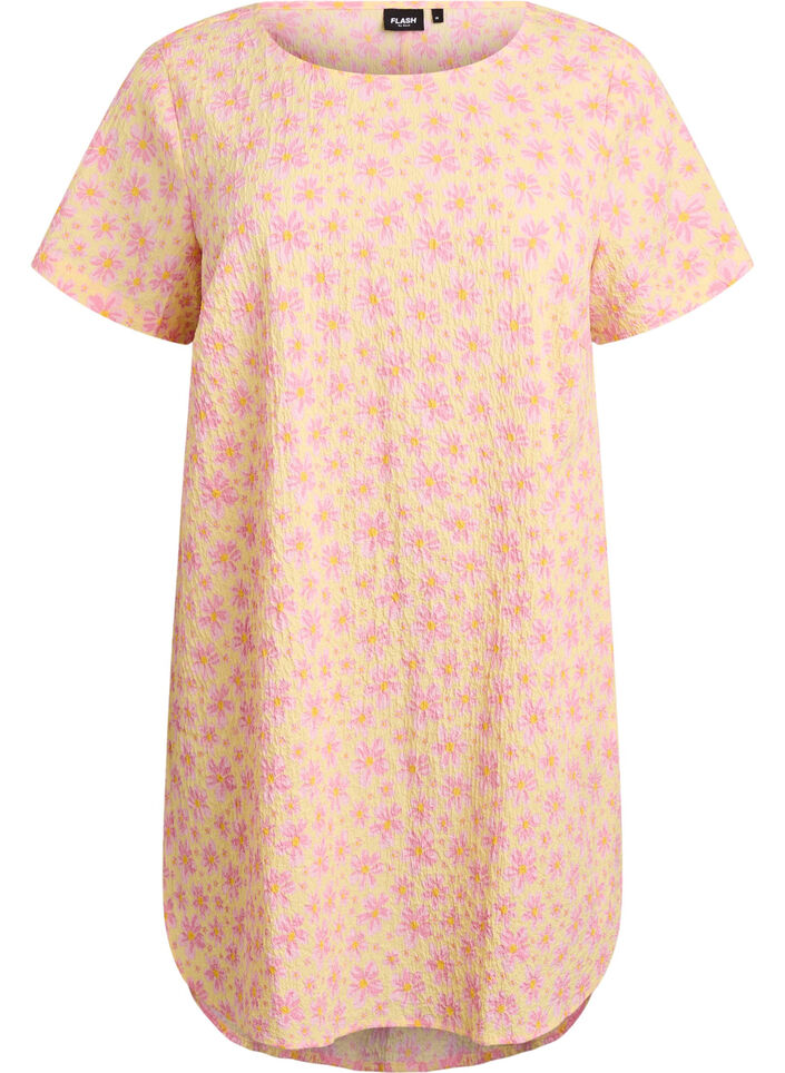 Kort kl&auml;nning med krinklad textur och korta &auml;rmar, Gul, Packshot image number 0