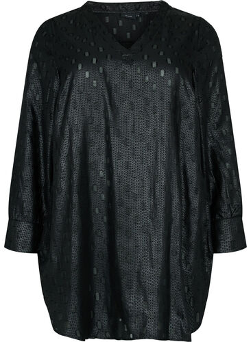 Tunika med textur, långa ärmar och v-ringning, Black, Packshot image number 0