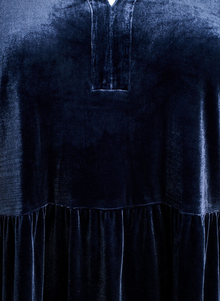 Kort klänning i velour med volangkrage och långa ärmar, Blå, Packshot image number 2