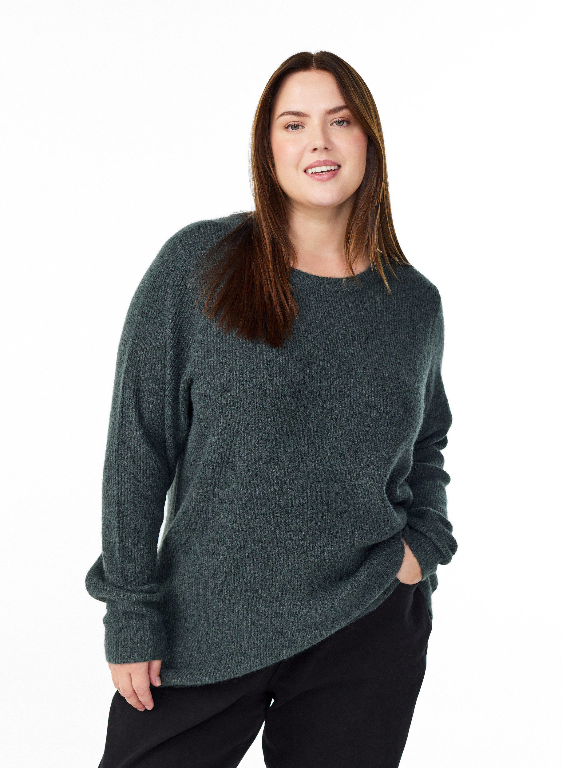 Melerad stickad blus med rund hals, Gr&ouml;n, Model