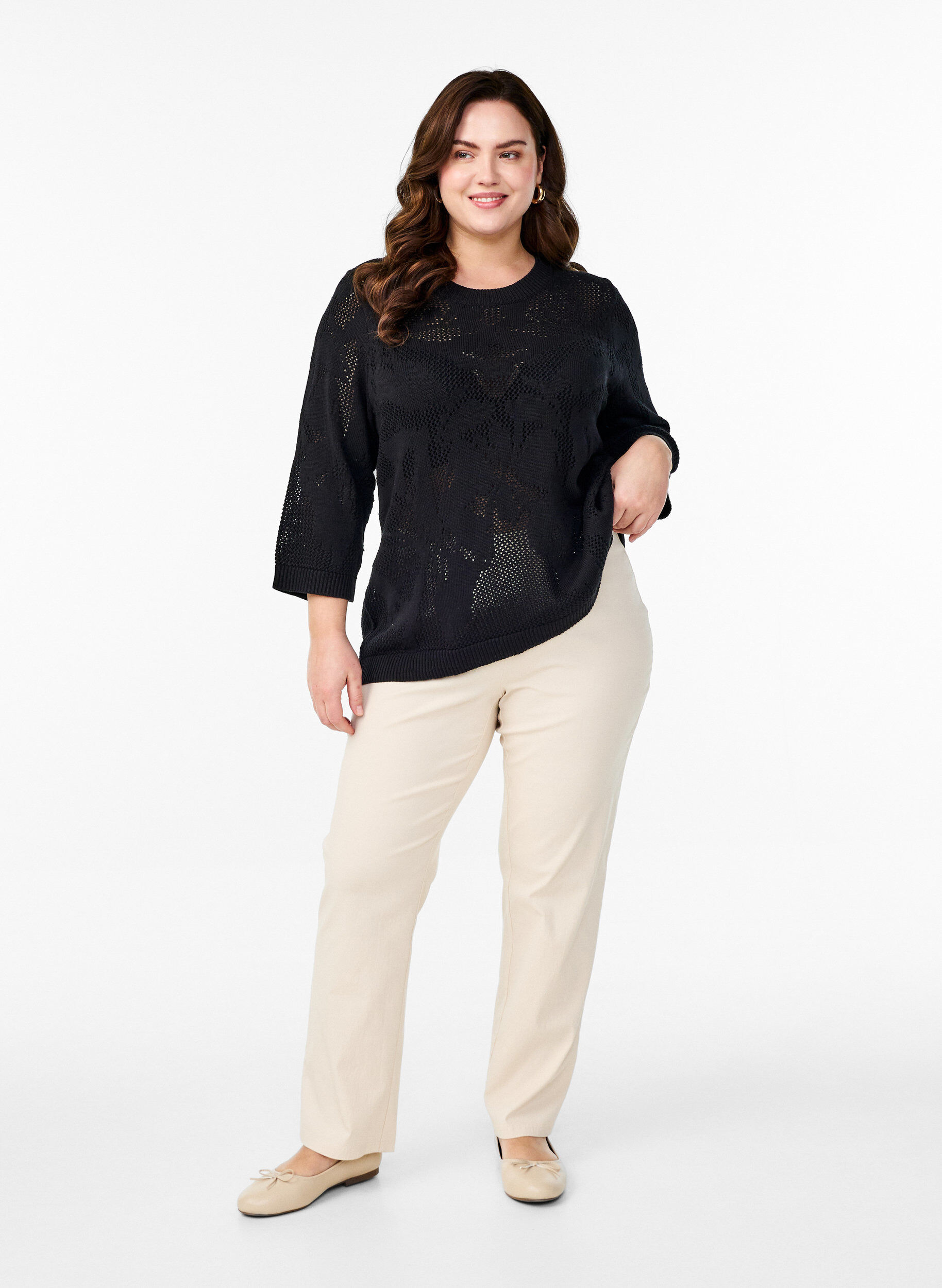 Zizzi Stickad blus med h&aring;lm&ouml;nster och 3/4-&auml;rmar, Black, Model image number 2