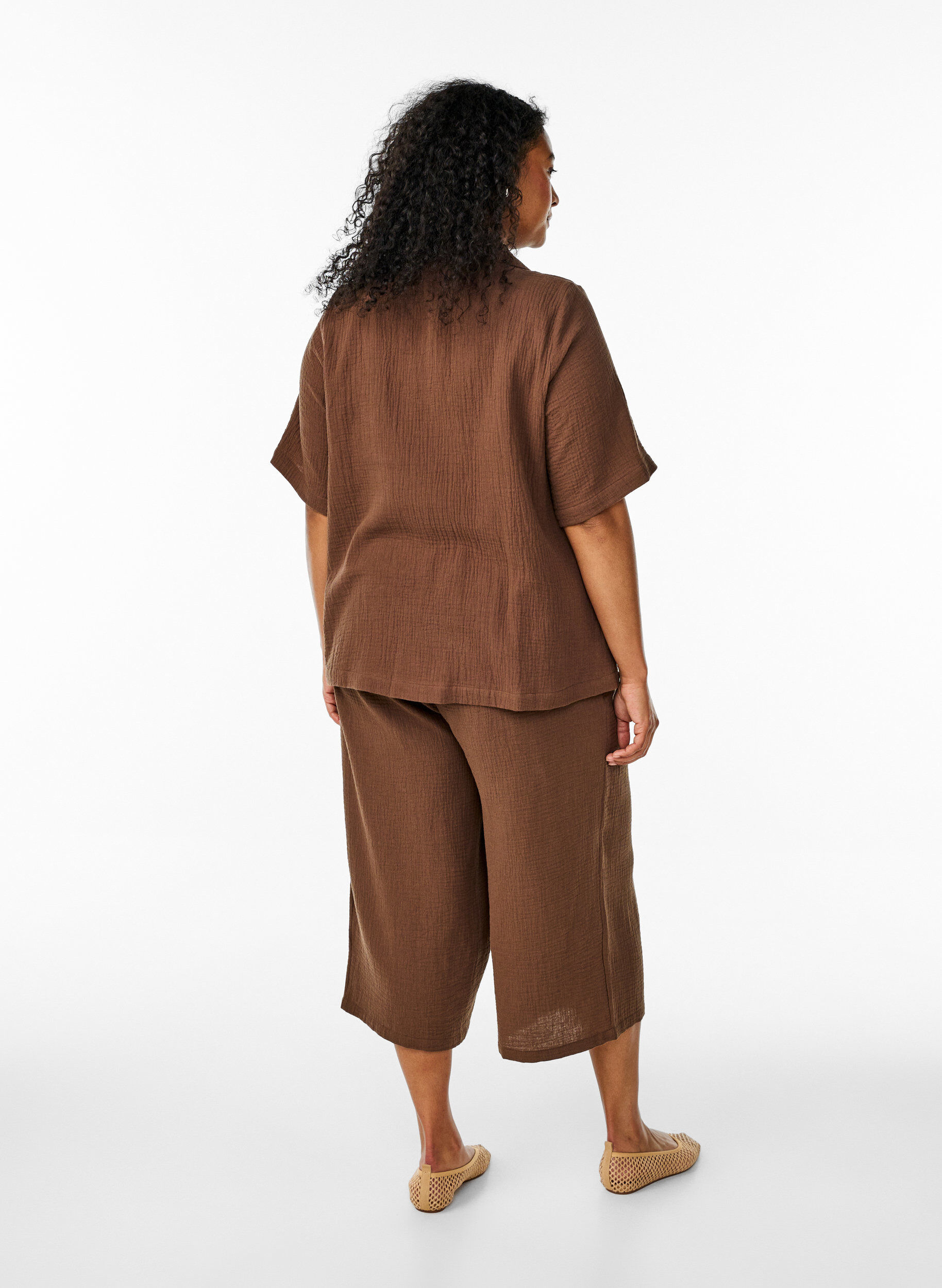 Zizzi Culotte-byxor i bomullsmuslin med h&ouml;g midja, Brun, Model image number 1