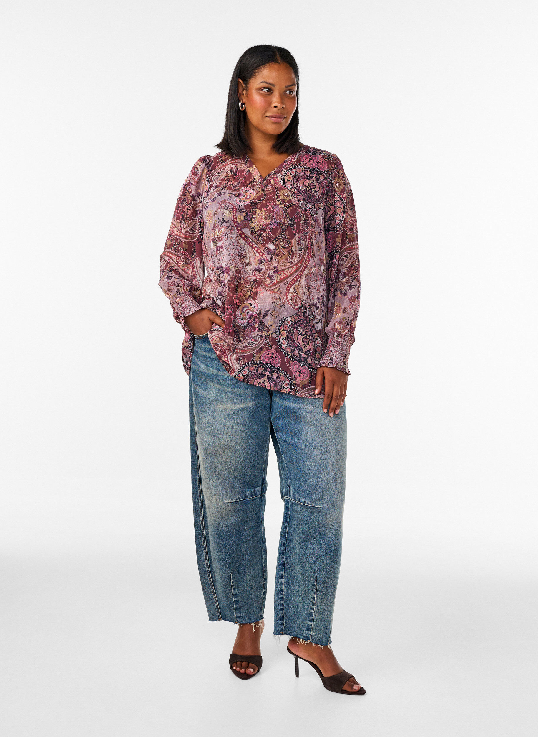 ZizziTunika med paisleym&ouml;nster och smock&auml;rmslut, Rosa, Model image number 1