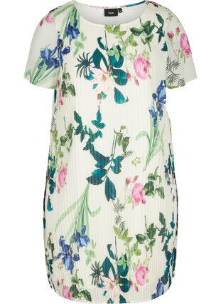 Plisserad klänning med korta ärmar och blommigt mönster, Bright White AOP, Packshot image number 0