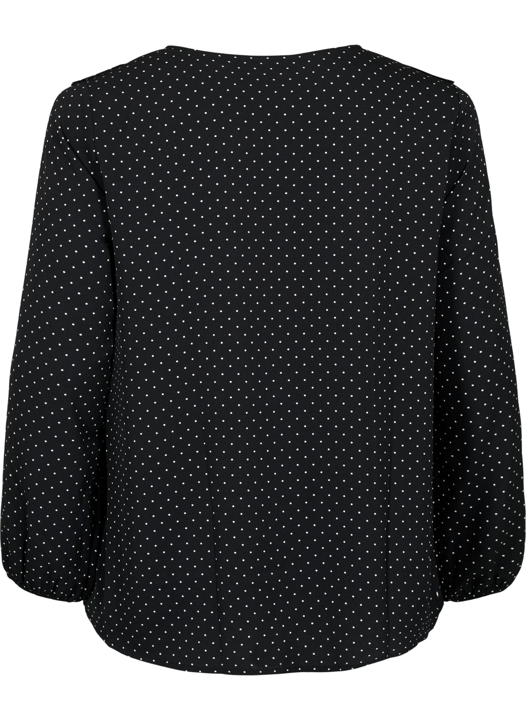 Zizzi L&aring;ng&auml;rmad blus med volanger, Black Dot, Packshot image number 1