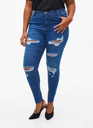 Slim fit-jeans med nötta detaljer, Blue Denim, Model image number 2