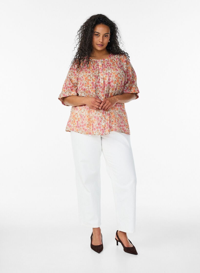 Blus i viskos med blomstertryck, Orange, Model image number 1