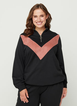 Höghalsad sweatshirt med blixtlås, Black w. Burlwood, Model image number 0