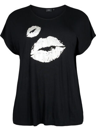 Kortärmad t-shirt i viskos med tryck, Black W. Lips, Packshot image number 0