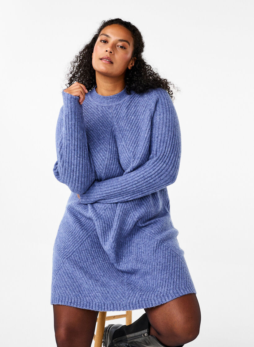 Kort, ribbad klänning med rund halsringning, Grey Blue Mel., Image image number 0