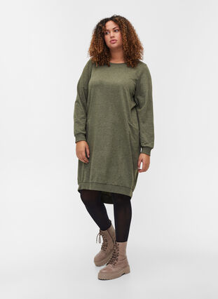 Melerad sweatshirtklänning med fickor, Ivy Green, Model image number 2