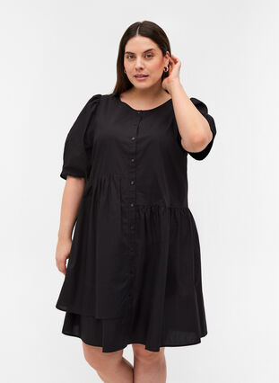 Skjortklänning i bomull med puffärmar, Black, Model image number 0