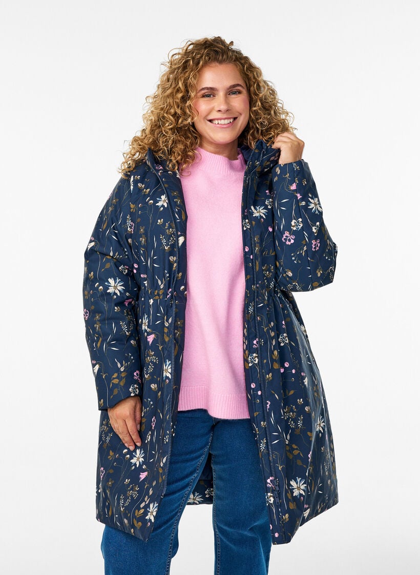 Vadderad vinterjacka med blommigt m&ouml;nster, Bl&aring;, Model image number 3