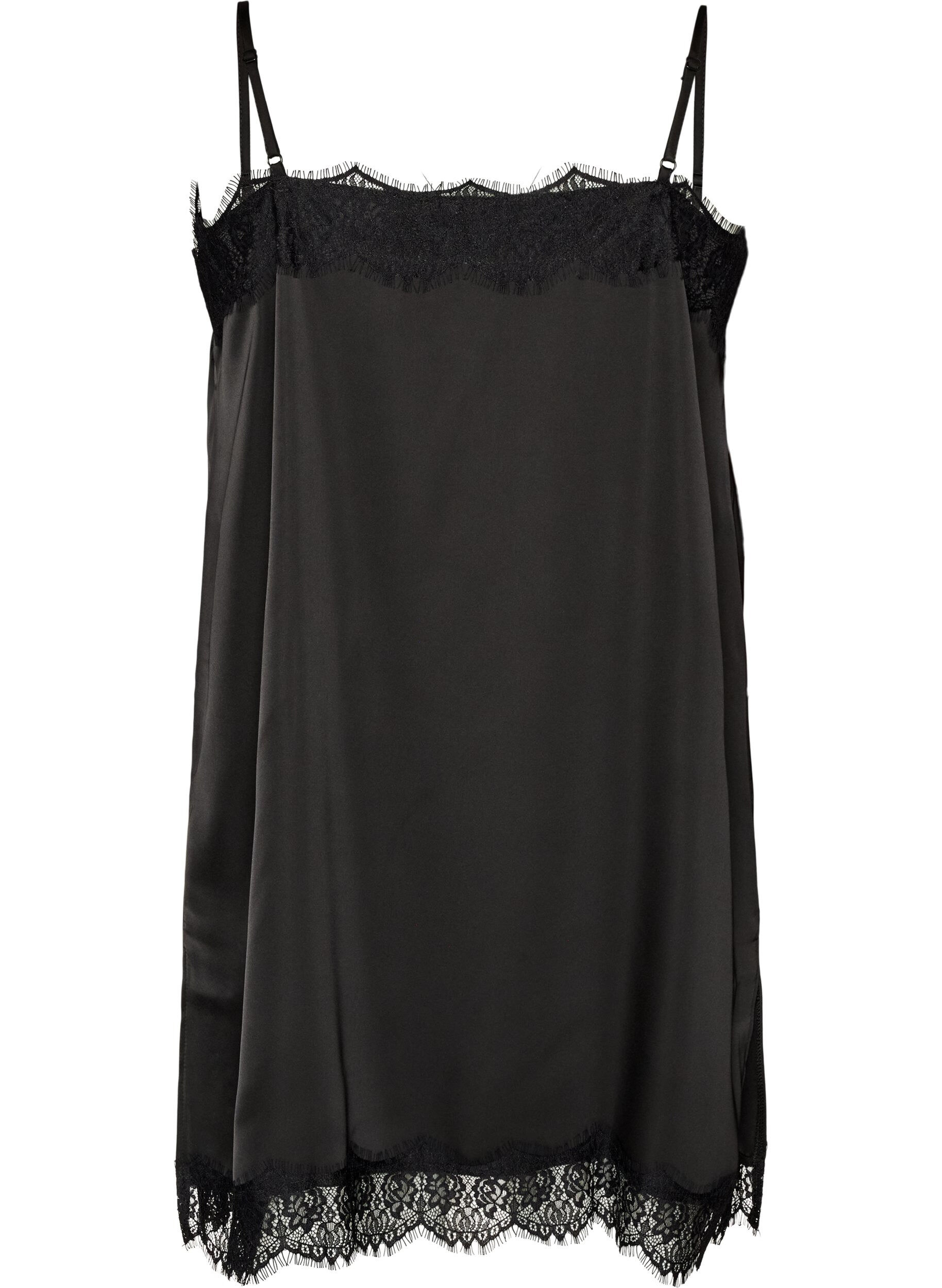 ZizziL&aring;ng topp i satin med spetskanter, Svart, Packshot image number 1