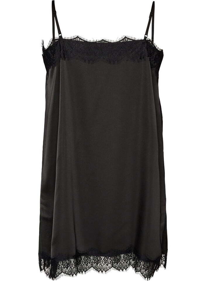 L&aring;ng topp i satin med spetskanter, Svart, Packshot image number 1