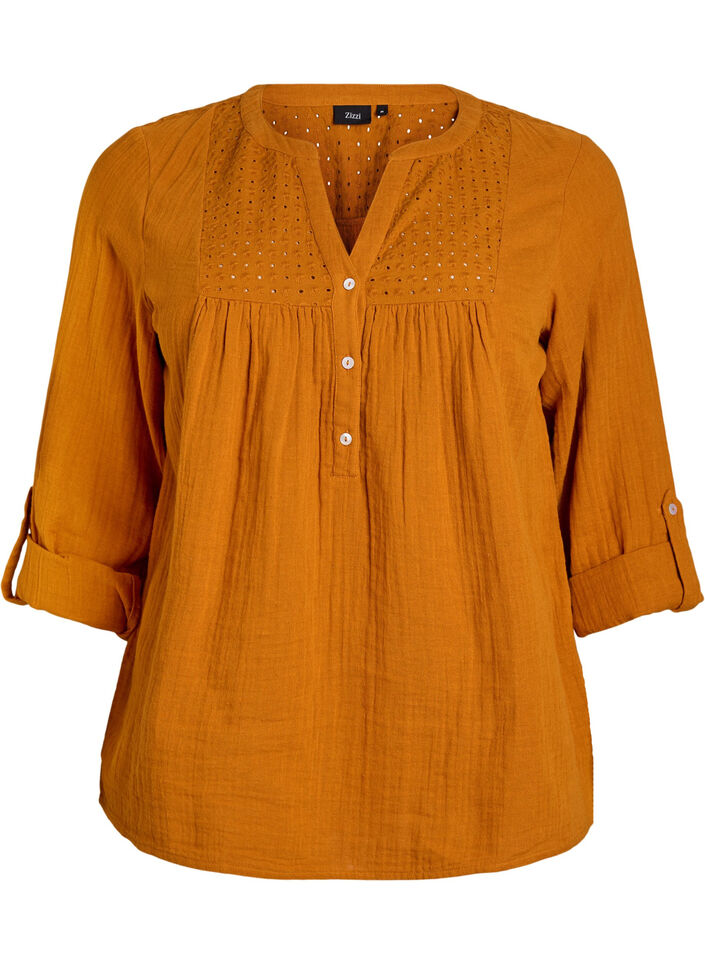Blus i bomullsmuslin med broderie anglaise, Orange, Packshot image number 0