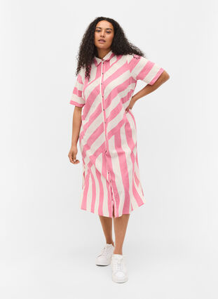 Kortärmad skjortklänning i bomull med ränder, Magenta Stripe, Model image number 3