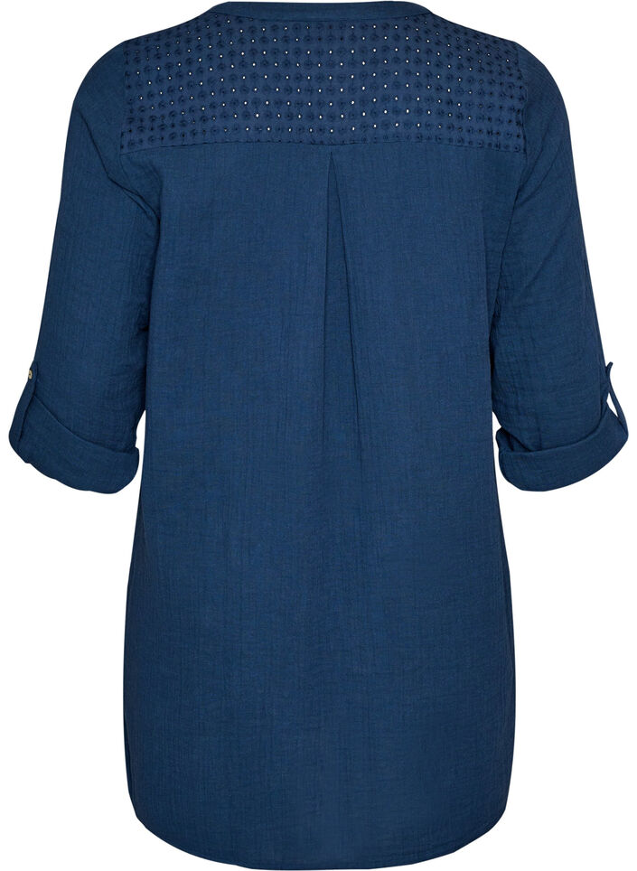 Tunika i bomullsmuslin med broderie anglaise, Bl&aring;, Packshot image number 1