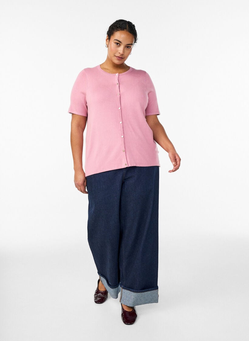 Kort&auml;rmad stickad kofta i viskos, Rosa, Model image number 1