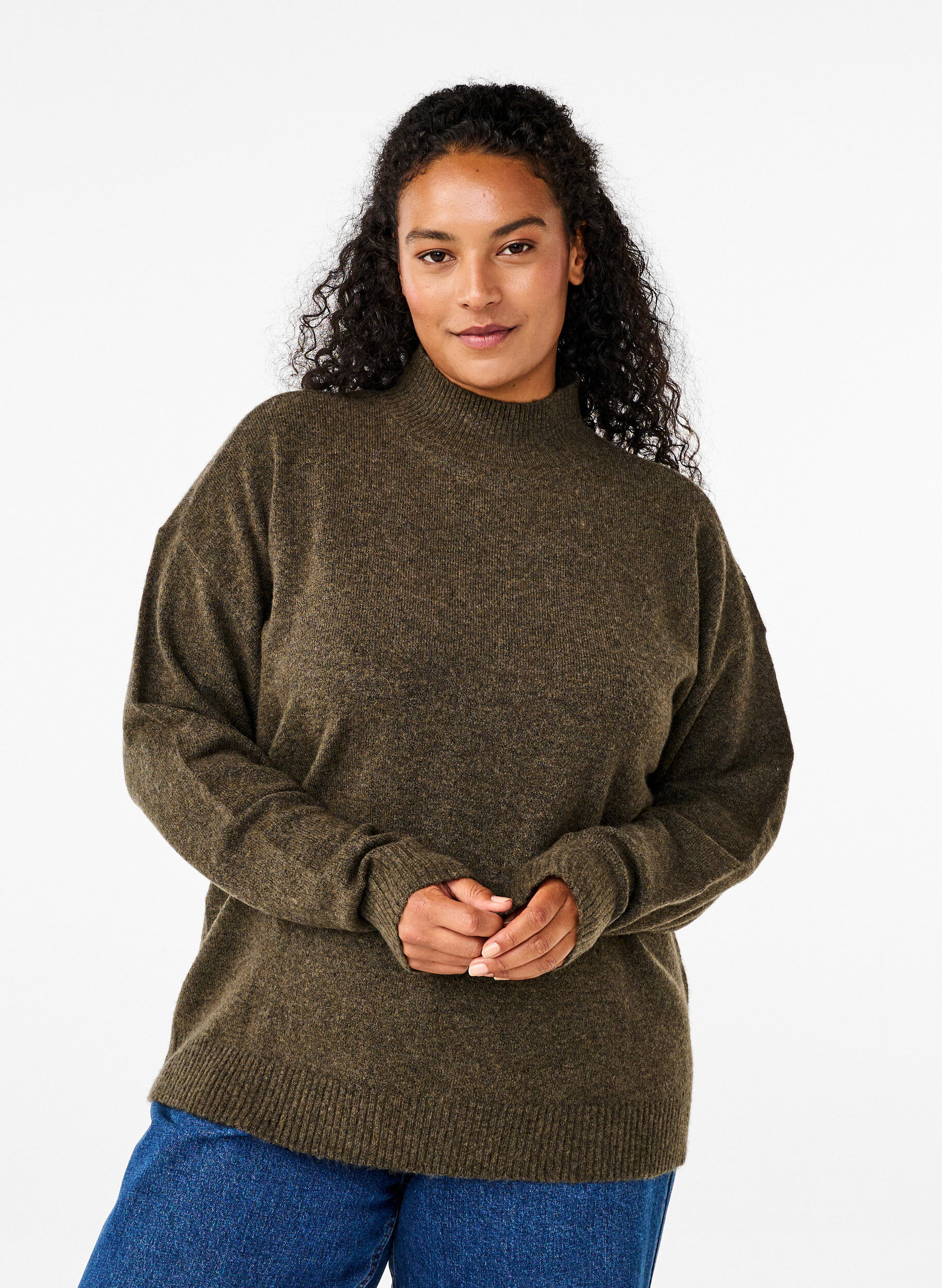 Zizzi Stickad blus i ull med h&ouml;g hals, Sea Turtle Mel., Model image number 0