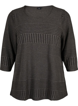 Blus med trekvartsärm och randigt mönster, Dark Grey Melange, Packshot image number 0