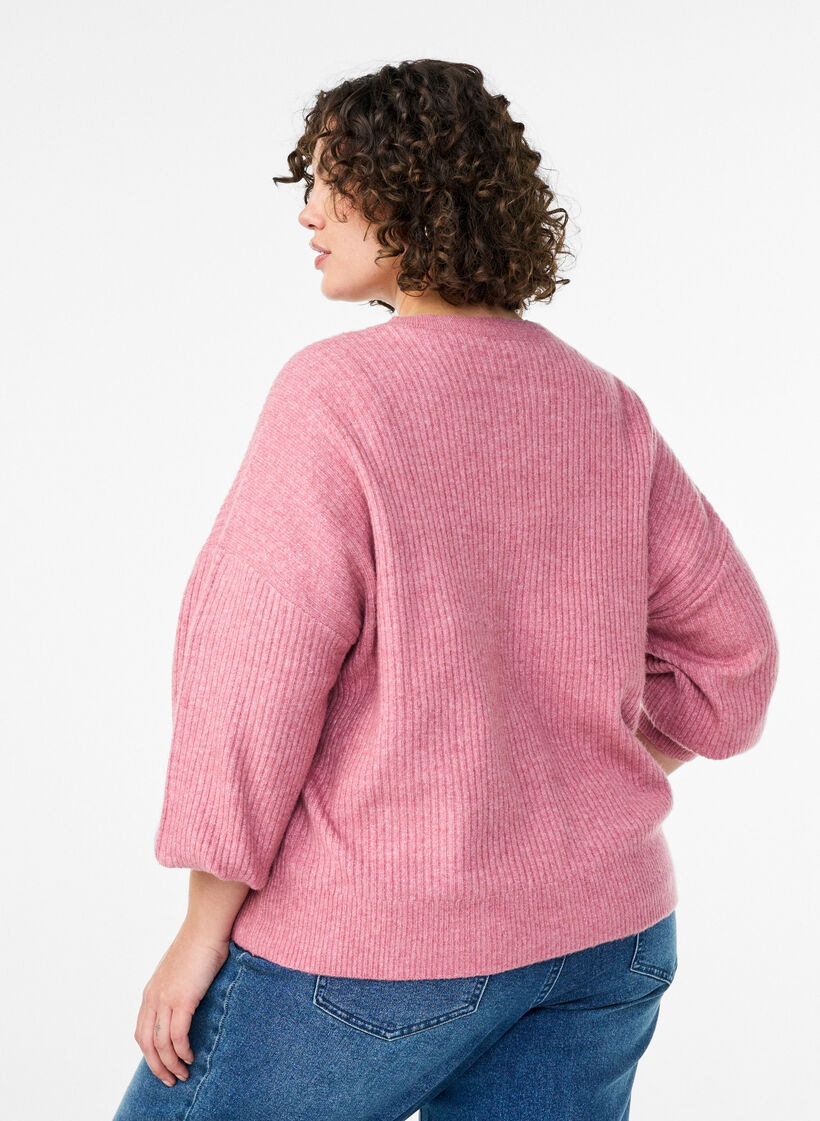 Ribbstickad kofta med knappar, Rosa, Model image number 2