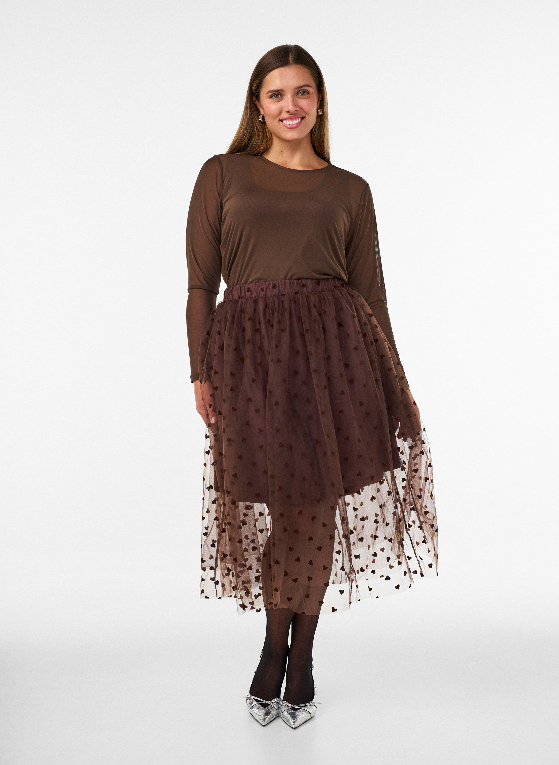 ZizziMidikjol i tyll med hj&auml;rtan, Brun, Model image number 1