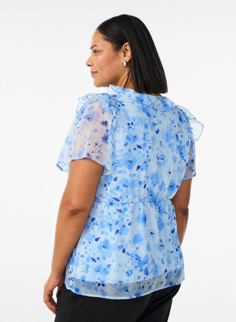 Blommig blus med volangkrage och peplumeffekt, Bl&aring;, Model image number 2