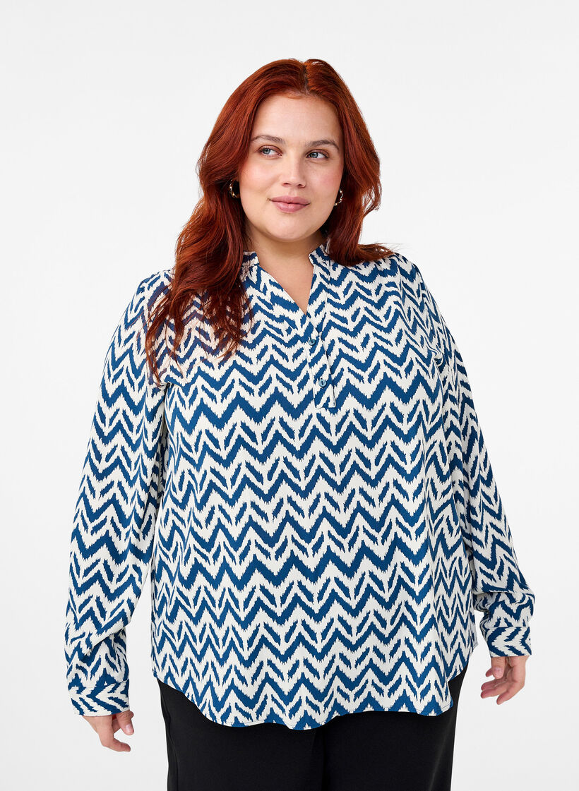 Långärmad skjortblus med V-ringning, OFF WHITE ZIG ZAG, Model image number 0