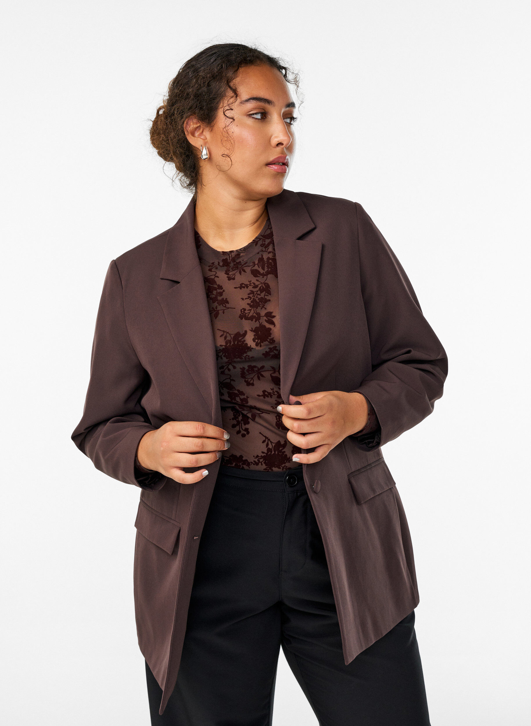 ZizziKlassisk blazer med kn&auml;ppning, Brun, Model image number 3