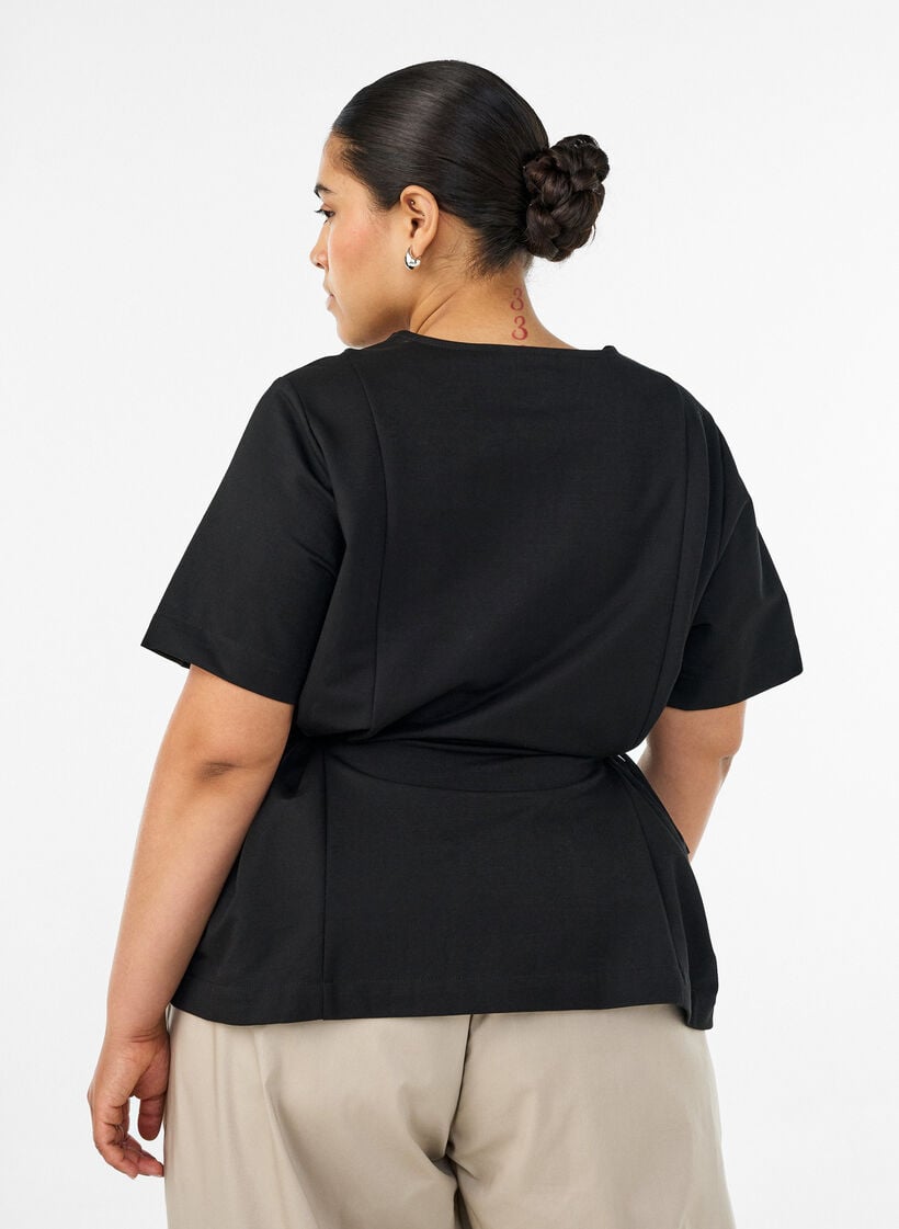 Blus i bomullsblandning med v-ringning och knytband, Svart, Model image number 2