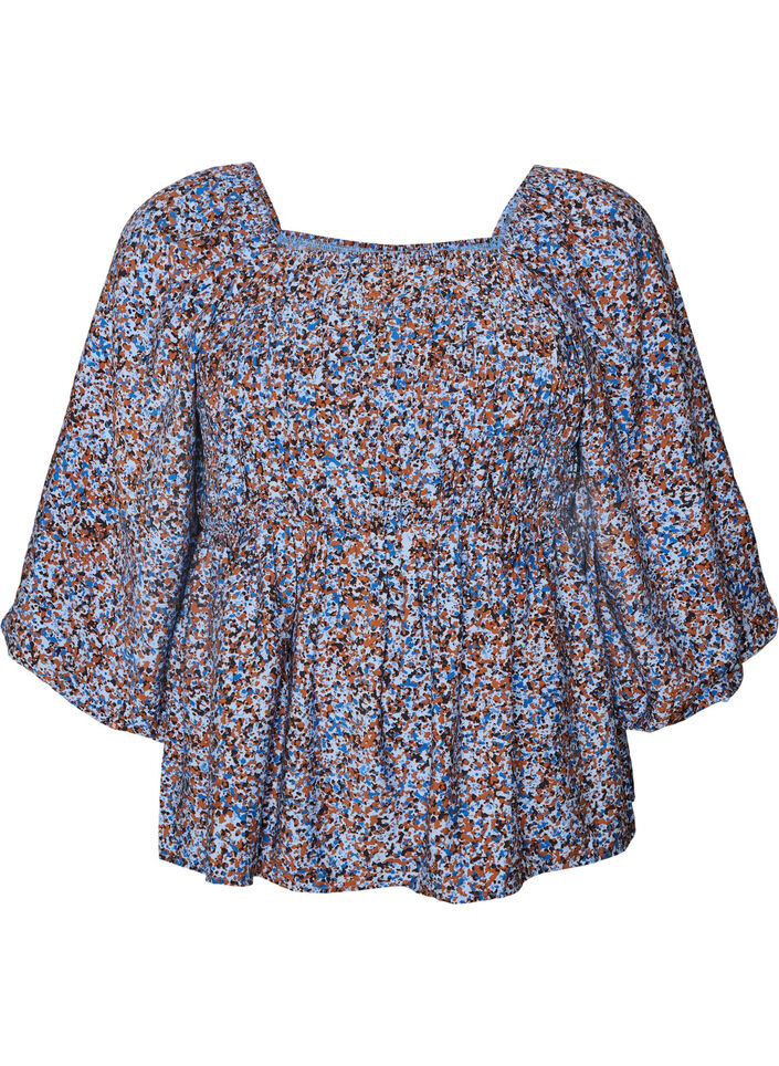 Blus med smock och fyrkantig ringning, Bl&aring;, Packshot image number 0