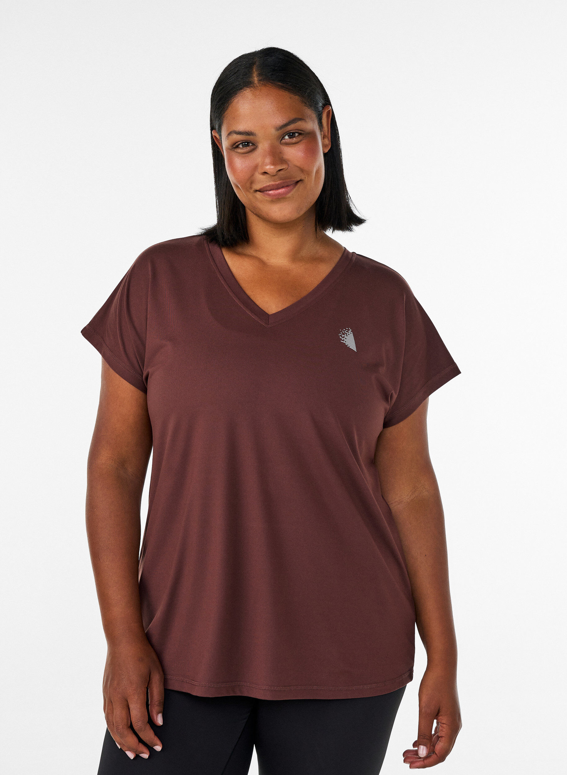Tr&auml;nings t-shirt med v-ringning och l&ouml;s passform, Brun, Model