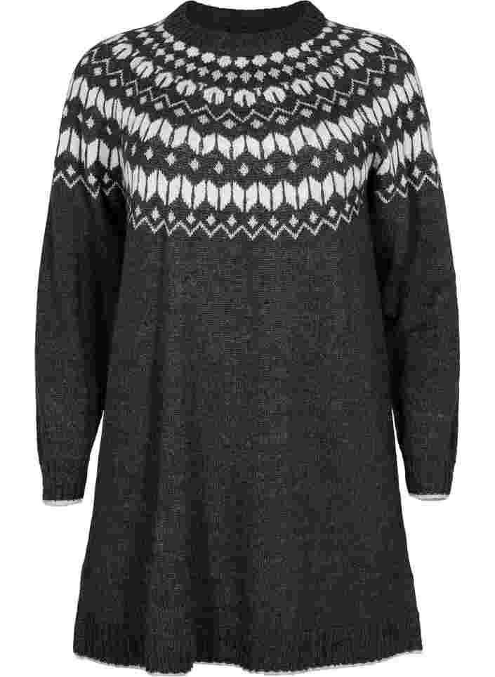 Stickad klänning med ull och mönster, Dark Grey Mel Comb, Packshot image number 0
