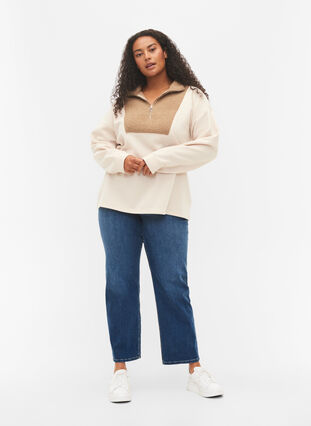Höghalsad sweatshirt med teddymaterial och dragkedja, Brown Comb, Model image number 2